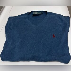 Polo Ralph Lauren Blue Heather Pima Cotton V-Neck Men’s Sweater - Red Pony - XL